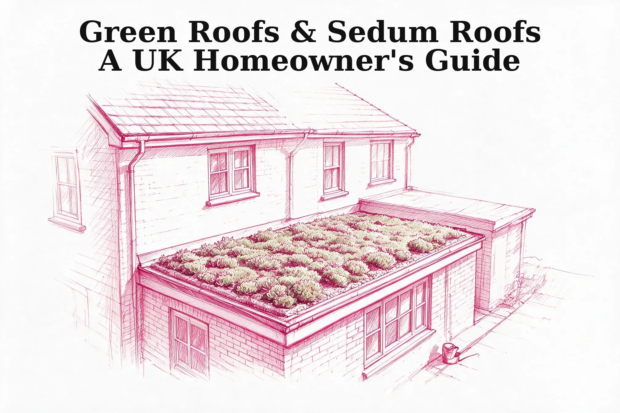 Illustration of a UK house extension with a sedum green roof