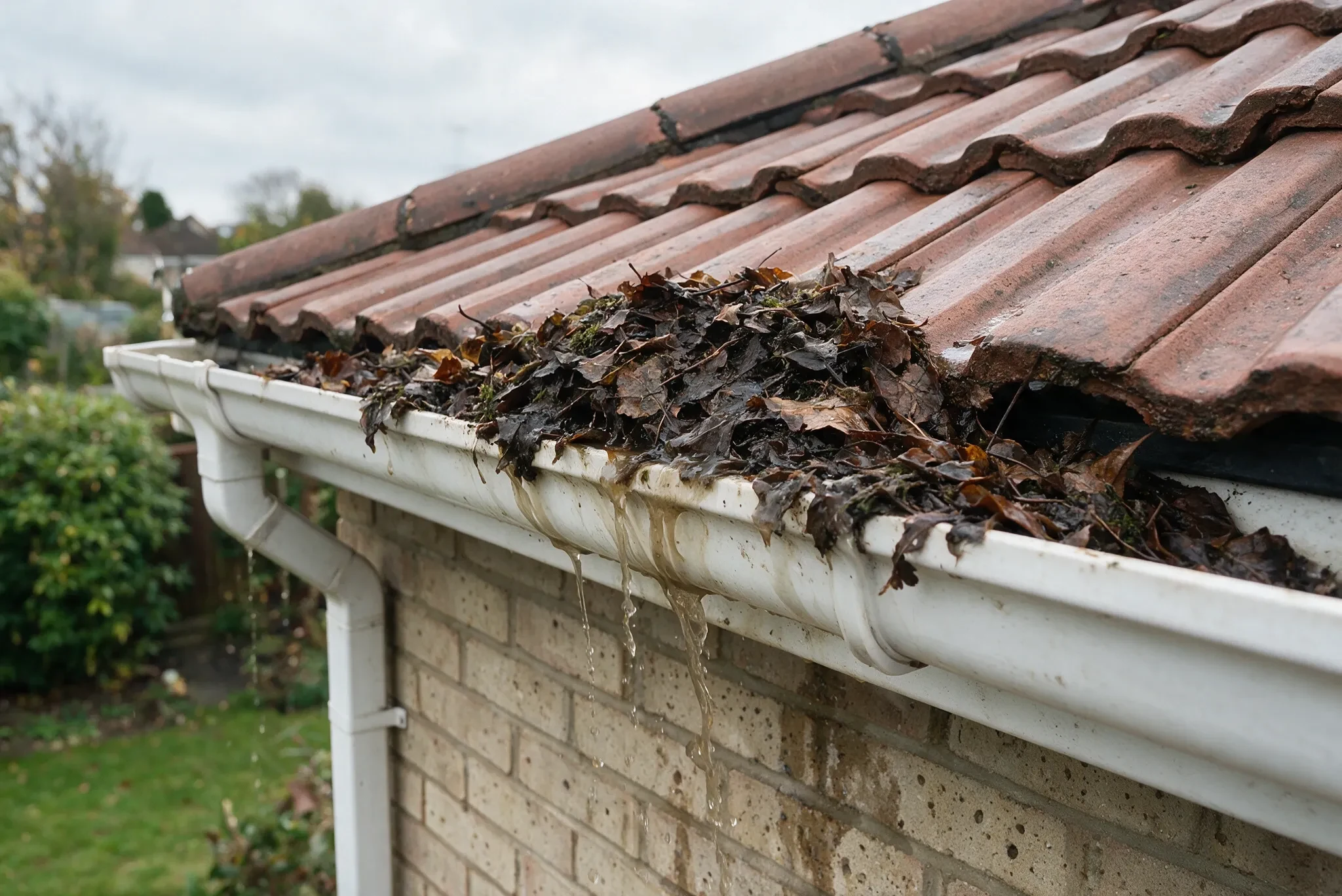 Close-up of a UK house gutter packed with wet autumn leaves, water overflowing down the brick wall below