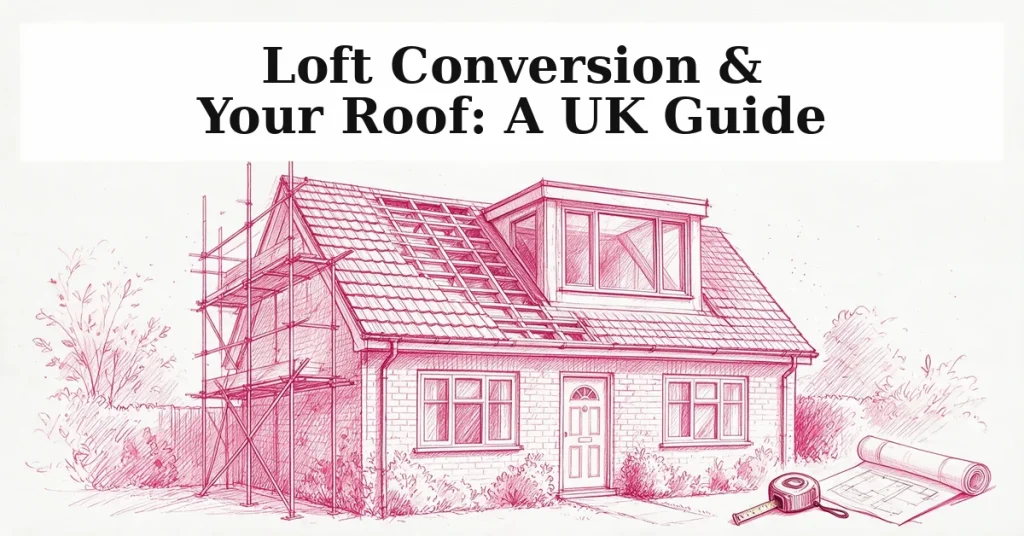 Pink pencil-sketch illustration of a UK house with a loft dormer conversion under construction with scaffolding