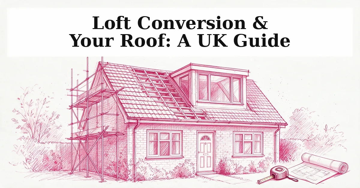 Pink pencil-sketch illustration of a UK house with a loft dormer conversion under construction with scaffolding