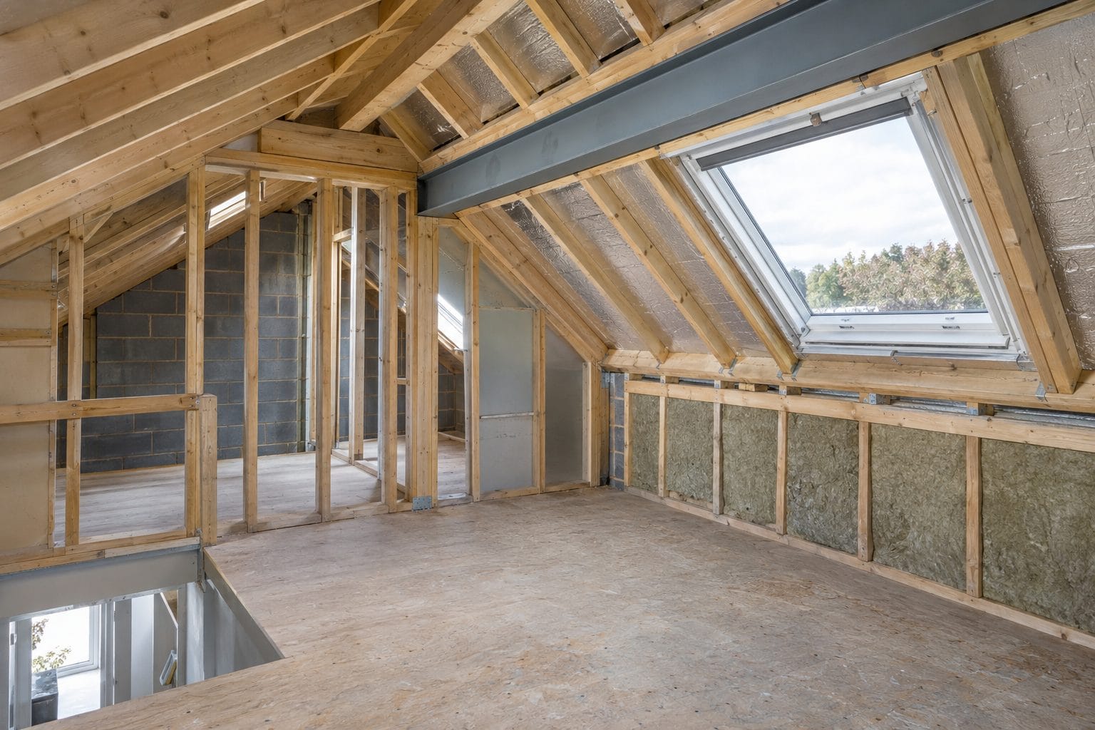 Inside a loft conversion during the build with new timber framing, steel beam, insulation and a Velux window