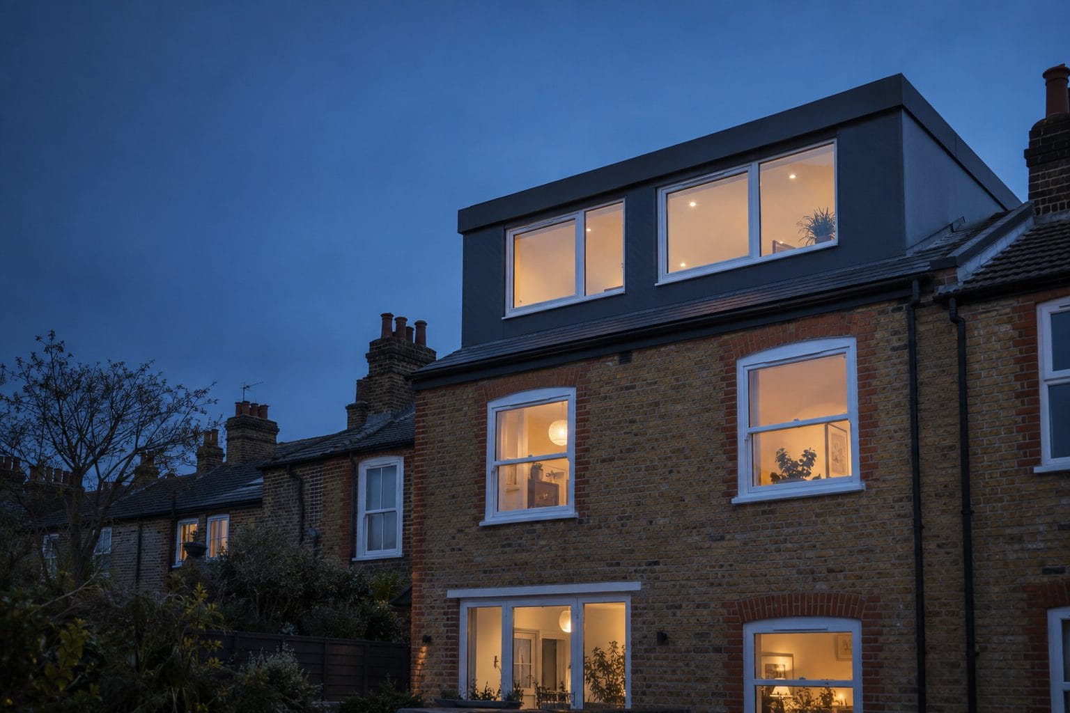 Flat roof dormer loft conversion on a brick house at dusk with the new windows lit from inside