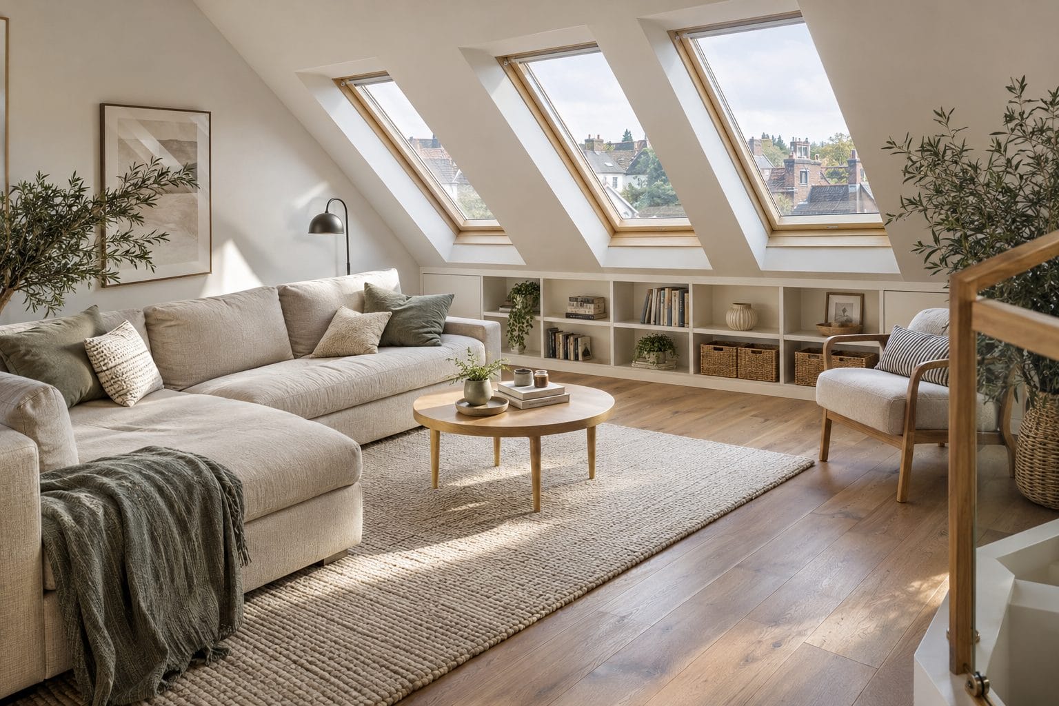 Finished loft conversion living space with three Velux roof windows and built-in storage under the eaves