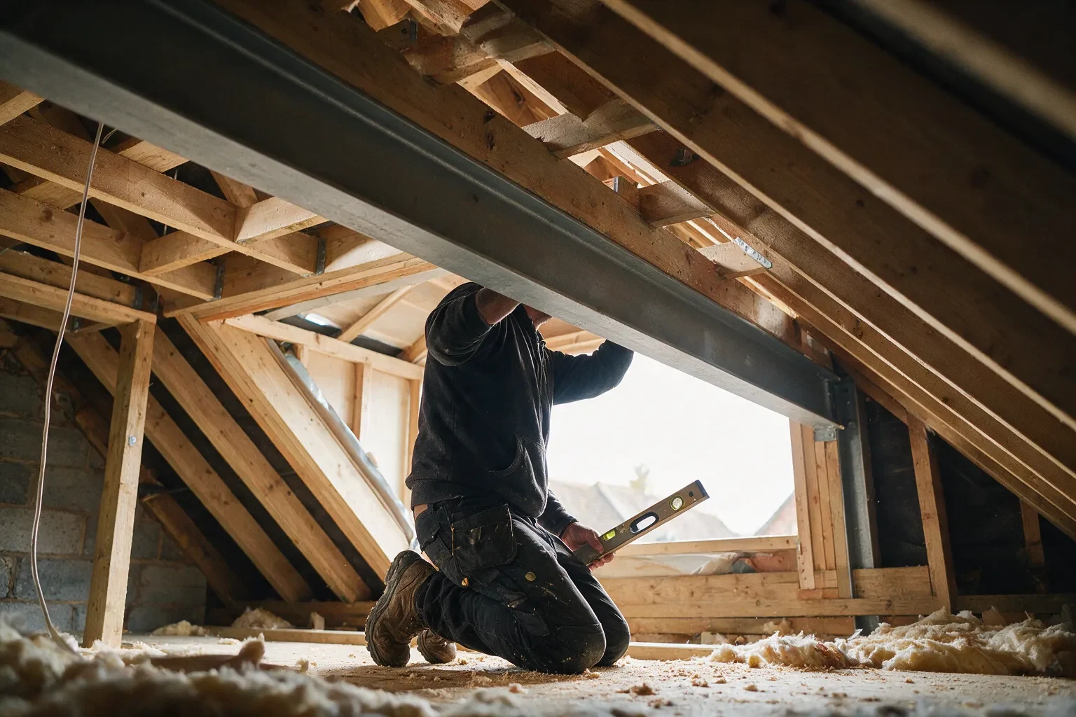 Roofer kneeling inside a UK loft conversion checking a new structural steel beam with a spirit level