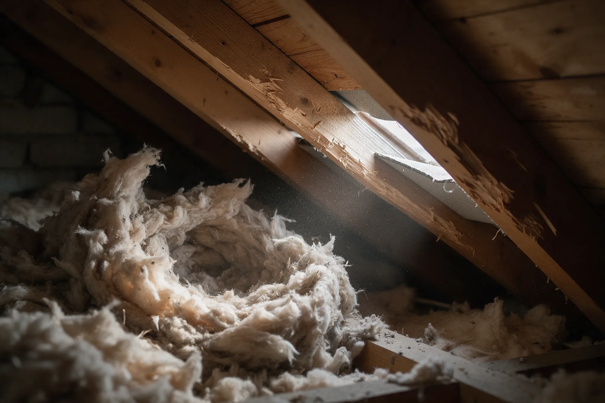 Close-up of chewed roof timber and shredded loft insulation pulled into a nest shape inside a UK loft