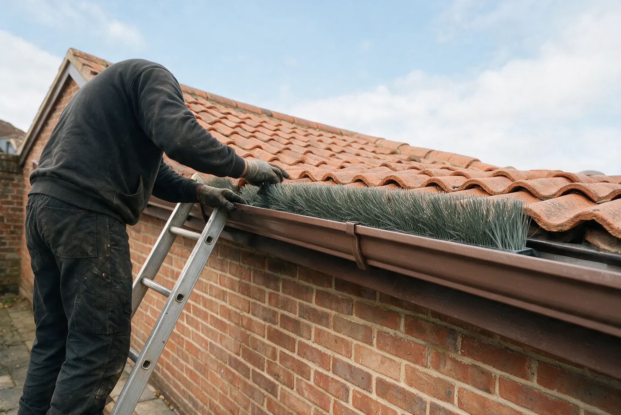 Roofer on a ladder fitting a brush style hedgehog gutter guard into a gutter on a UK tiled roof