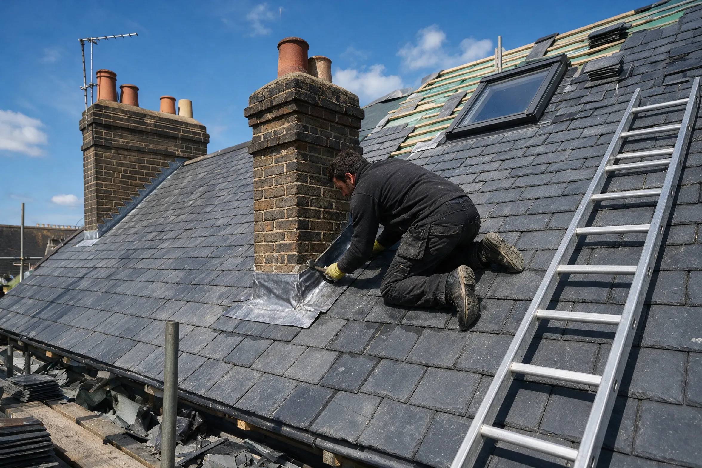 Roofer kneeling on a tiled roof dressing new lead flashing into place around a chimney stack