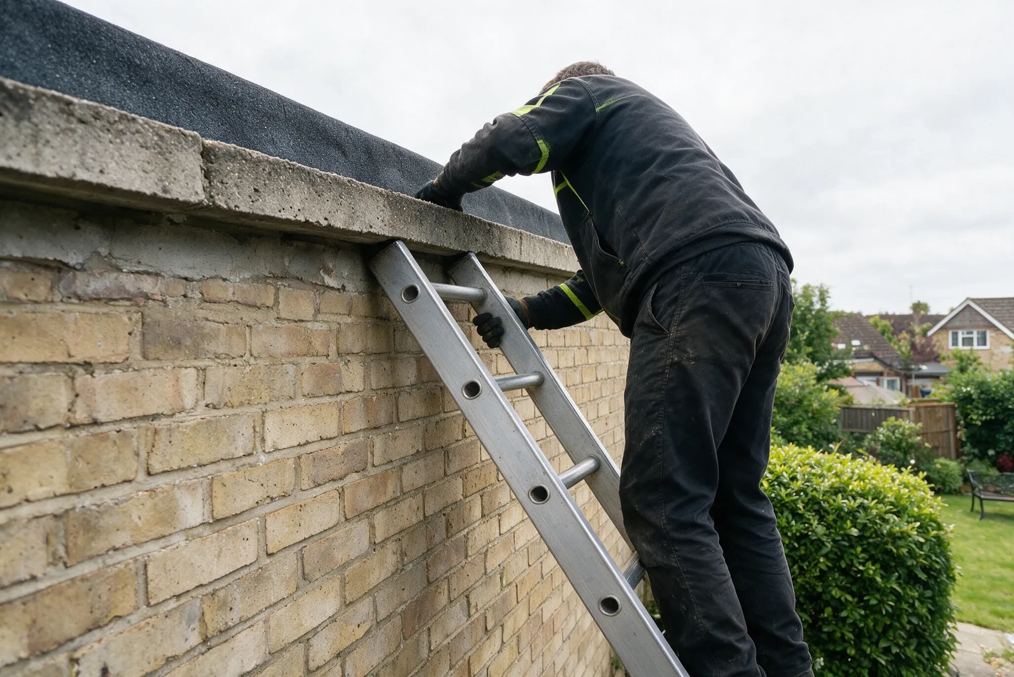 A roofer on a ladder inspecting a box gutter at high level on a UK house