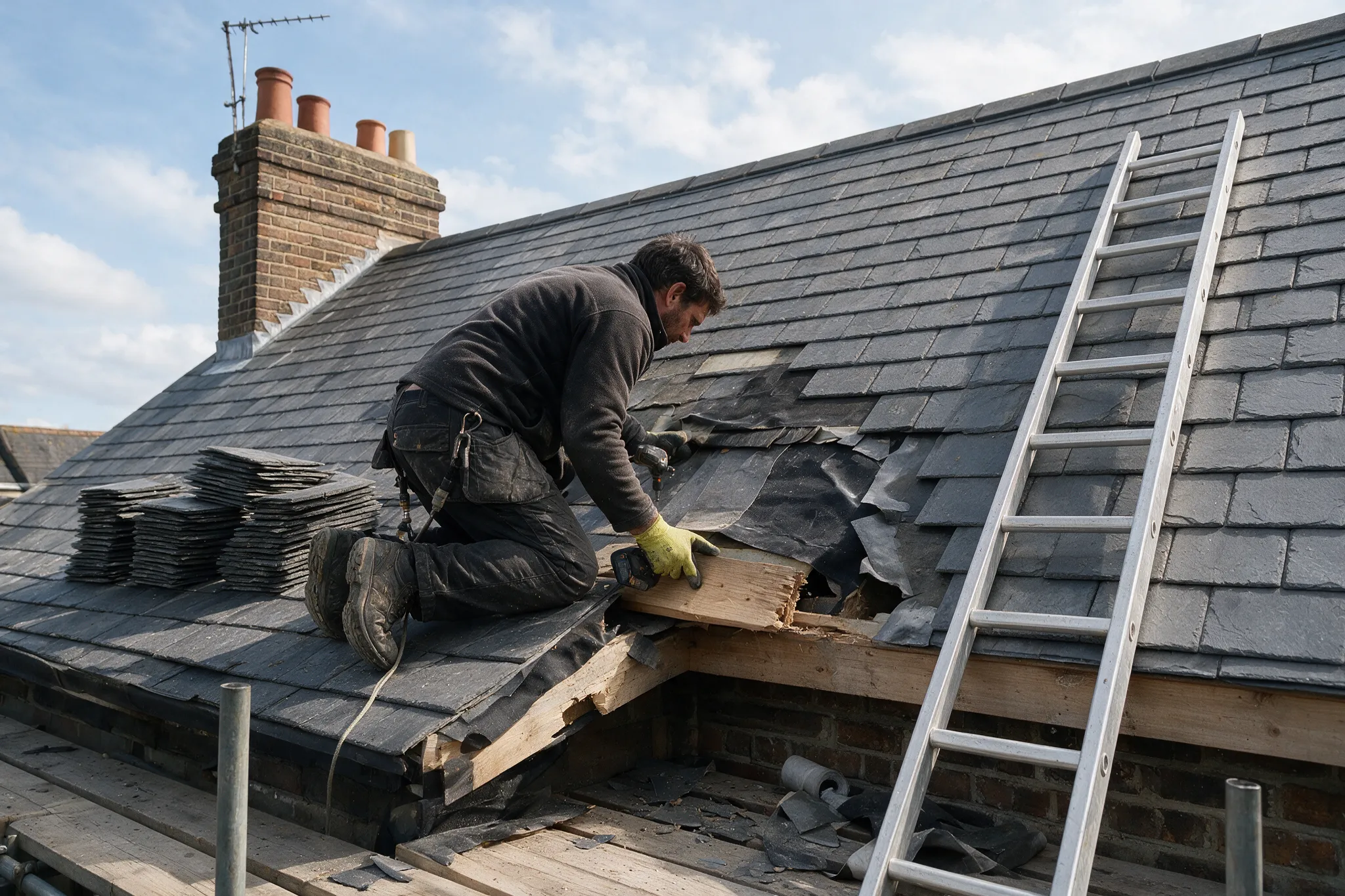 Roofer kneeling on a tiled roof repairing a chewed timber soffit board at the eaves