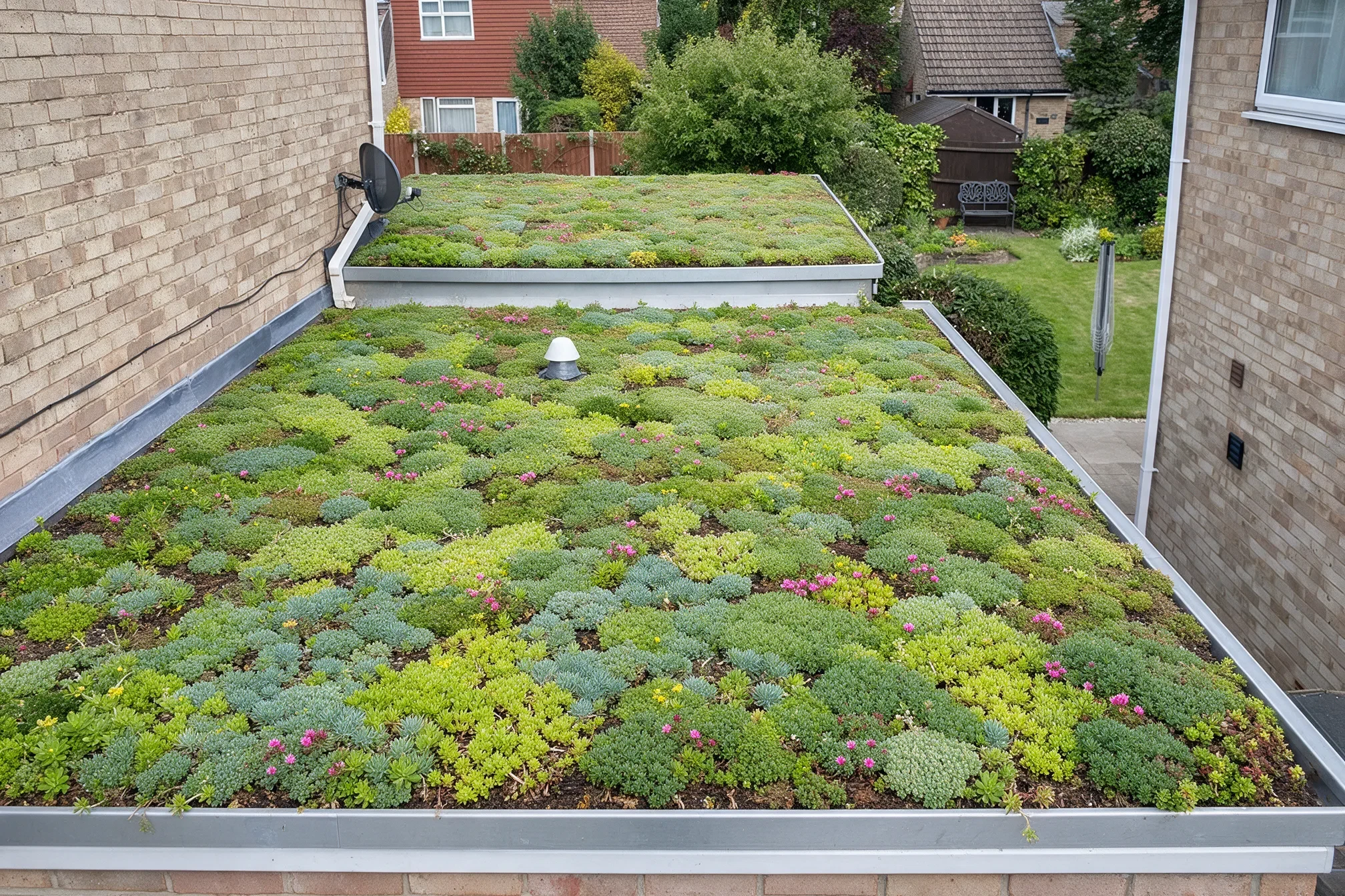 Close-up of a UK extensive sedum green roof covered in low-growing plants with pink and yellow flowers