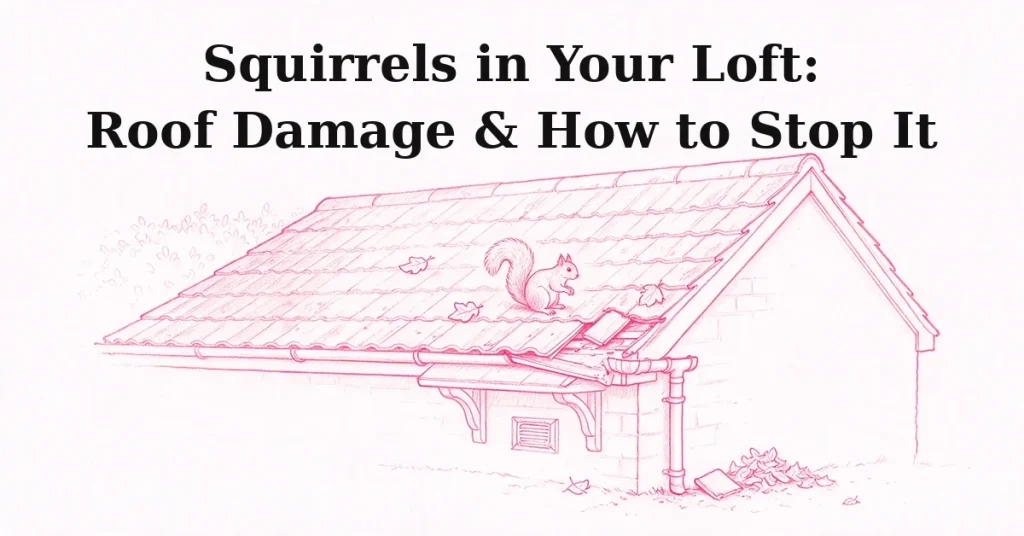 Pink sketch illustration of a squirrel on a UK house roof near a damaged soffit and lifted roof tile