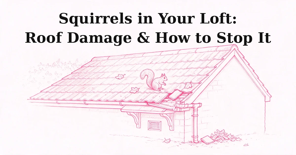 Pink sketch illustration of a squirrel on a UK house roof near a damaged soffit and lifted roof tile