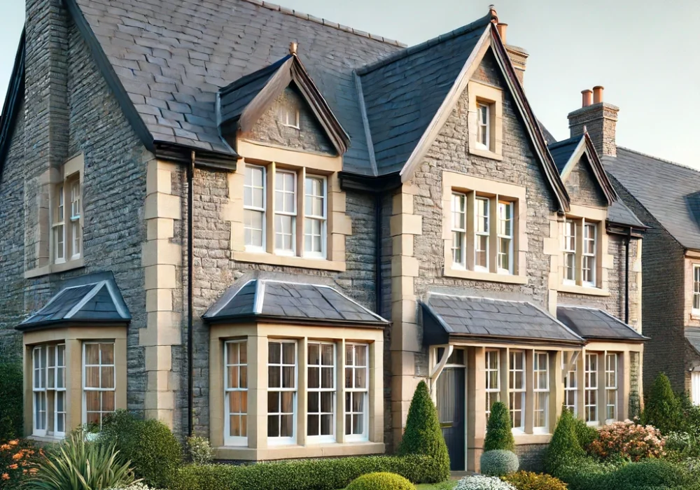 DALL·E 2024-06-15 11.52.51 - A realistic image of a traditional UK property with a slate roof. The house is made of stone or brick, with a classic design, including large windows