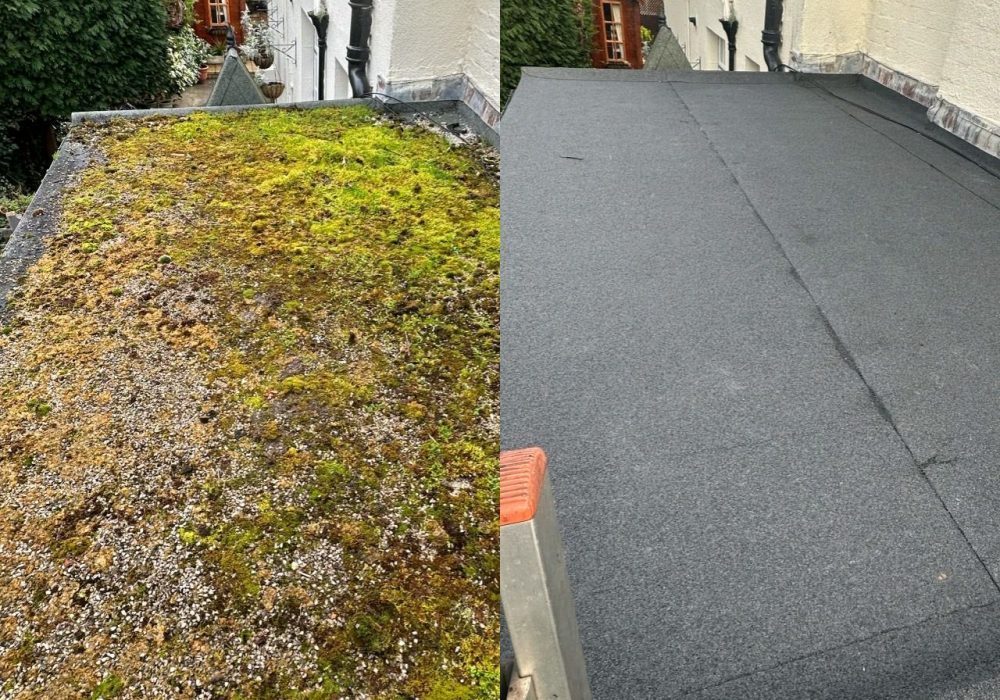 before and after of a new flat roof installation